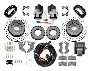 Wilwood Forged Dynalite Rear Electronic Parking Brake Kit Parts Laid Out - Black Powder Coat Caliper - SRP Drilled & Slotted Rotor