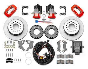 Wilwood Forged Dynalite Rear Electronic Parking Brake Kit Parts Laid Out - Red Powder Coat Caliper - Plain Face Rotor