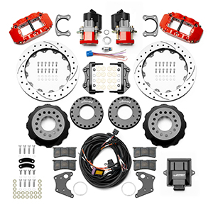 Wilwood Forged Narrow Superlite 4R Big Brake Rear Electronic Parking Brake Kit Parts Laid Out - Red Powder Coat Caliper - SRP Drilled & Slotted Rotor