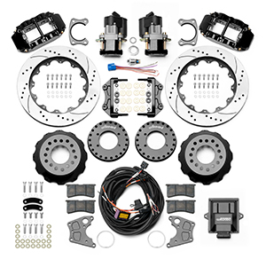 Wilwood Forged Narrow Superlite 4R Big Brake Rear Electronic Parking Brake Kit Parts Laid Out - Black Powder Coat Caliper - SRP Drilled & Slotted Rotor