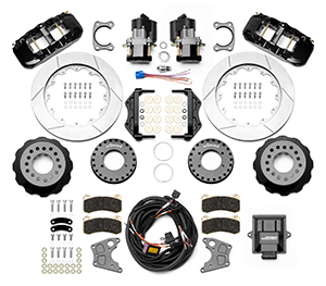 Wilwood AERO4 Big Brake Rear Electronic Parking Brake Kit Parts Laid Out - Black Powder Coat Caliper - GT Slotted Rotor
