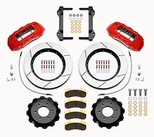 Wilwood TX6R Big Brake Truck Front Brake Kit Parts Laid Out - Red Powder Coat Caliper - GT Slotted Rotor