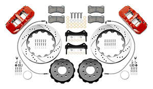 Wilwood AERO6 Big Brake Front Brake Kit Parts Laid Out - Red Powder Coat Caliper - SRP Drilled & Slotted Rotor