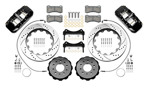 Wilwood AERO6 Big Brake Front Brake Kit Parts Laid Out - Black Powder Coat Caliper - SRP Drilled & Slotted Rotor