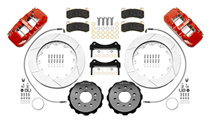 Wilwood AERO6 Big Brake Front Brake Kit Parts Laid Out - Red Powder Coat Caliper - GT Slotted Rotor