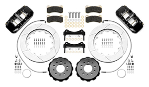 Wilwood AERO6 Big Brake Front Brake Kit Parts Laid Out - Black Powder Coat Caliper - GT Slotted Rotor