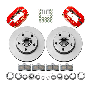 Wilwood Classic Series Dynalite Front Brake Kit Parts Laid Out - Red Powder Coat Caliper - Plain Face Rotor