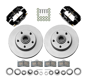 Wilwood Classic Series Dynalite Front Brake Kit Parts Laid Out - Black Powder Coat Caliper - Plain Face Rotor