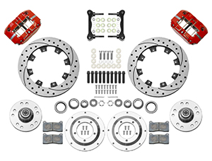 Wilwood Dynapro Radial Big Brake Front Brake Kit (Hub) Parts Laid Out - Red Powder Coat Caliper - SRP Drilled & Slotted Rotor