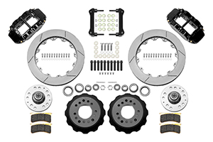 Wilwood Forged Narrow Superlite 6R Big Brake Front Brake Kit (Hub) Parts Laid Out - Black Powder Coat Caliper - GT Slotted Rotor