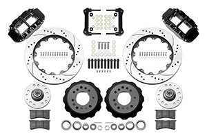 Wilwood Forged Narrow Superlite 6R Big Brake Front Brake Kit (Hub) Parts Laid Out - Black Powder Coat Caliper - SRP Drilled & Slotted Rotor