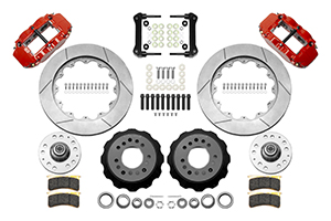 Wilwood Forged Narrow Superlite 6R Big Brake Front Brake Kit (Hub) Parts Laid Out - Red Powder Coat Caliper - GT Slotted Rotor