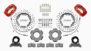 Wilwood Forged Dynalite Big Brake Front Brake Kit (Hat) Parts Laid Out - Red Powder Coat Caliper - SRP Drilled & Slotted Rotor