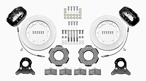 Wilwood Forged Dynalite Big Brake Front Brake Kit (Hat) Parts Laid Out - Black Powder Coat Caliper - Plain Face Rotor