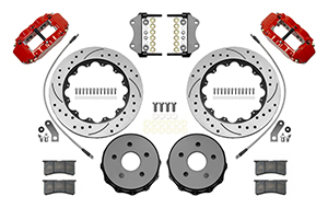 Wilwood Forged Narrow Superlite 4R Big Brake Rear Brake Kit For OE Parking Brake Parts Laid Out - Red Powder Coat Caliper - SRP Drilled & Slotted Rotor