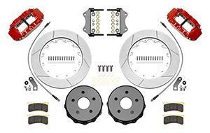 Wilwood Forged Narrow Superlite 4R Big Brake Rear Brake Kit For OE Parking Brake Parts Laid Out - Red Powder Coat Caliper - GT Slotted Rotor