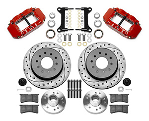 Wilwood Forged Narrow Superlite 6R Big Brake Front Brake Kit (Hub and 1PC Rotor) Parts Laid Out - Red Powder Coat Caliper - SRP Drilled & Slotted Rotor