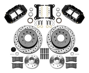 Wilwood Forged Narrow Superlite 6R Big Brake Front Brake Kit (Hub and 1PC Rotor) Parts Laid Out - Black Powder Coat Caliper - SRP Drilled & Slotted Rotor