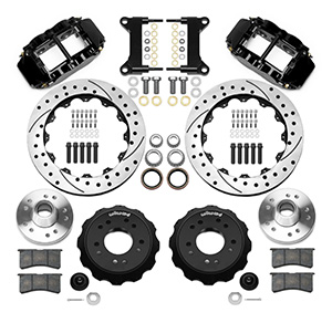 Wilwood Forged Narrow Superlite 6R Big Brake Front Brake Kit (Hub) Parts Laid Out - Black Powder Coat Caliper - SRP Drilled & Slotted Rotor