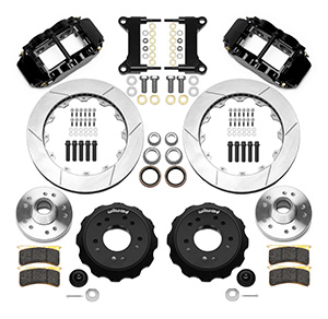 Wilwood Forged Narrow Superlite 6R Big Brake Front Brake Kit (Hub) Parts Laid Out - Black Powder Coat Caliper - GT Slotted Rotor