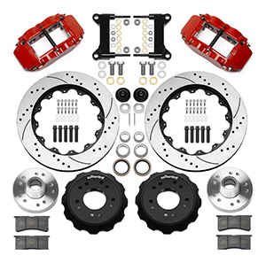 Wilwood Forged Narrow Superlite 6R Big Brake Front Brake Kit (Hub) Parts Laid Out - Red Powder Coat Caliper - SRP Drilled & Slotted Rotor