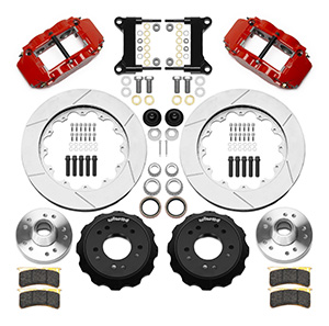 Wilwood Forged Narrow Superlite 6R Big Brake Front Brake Kit (Hub) Parts Laid Out - Red Powder Coat Caliper - GT Slotted Rotor