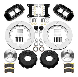 Wilwood Forged Narrow Superlite 6R Big Brake Front Brake Kit (Hub) Parts Laid Out - Black Powder Coat Caliper - GT Slotted Rotor