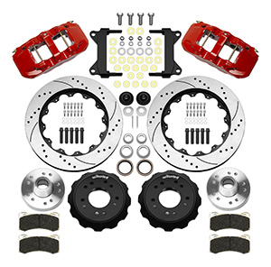 Wilwood AERO6 Big Brake Front Brake Kit Parts Laid Out - Red Powder Coat Caliper - SRP Drilled & Slotted Rotor