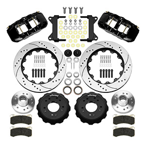 Wilwood AERO6 Big Brake Front Brake Kit Parts Laid Out - Black Powder Coat Caliper - SRP Drilled & Slotted Rotor