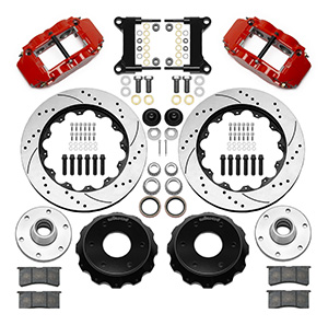 Wilwood Forged Narrow Superlite 6R Big Brake Front Brake Kit (6 x 5.50 Hub) Parts Laid Out - Red Powder Coat Caliper - SRP Drilled & Slotted Rotor