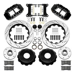 Wilwood Forged Narrow Superlite 6R Big Brake Front Brake Kit (6 x 5.50 Hub) Parts Laid Out - Black Powder Coat Caliper - SRP Drilled & Slotted Rotor