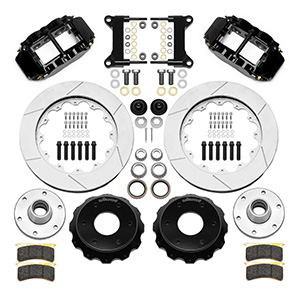 Wilwood Forged Narrow Superlite 6R Big Brake Front Brake Kit (6 x 5.50 Hub) Parts Laid Out - Black Powder Coat Caliper - GT Slotted Rotor