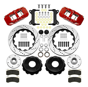 Wilwood AERO6 Big Brake Front Brake Kit (6 x 5.50 Hub) Parts Laid Out - Red Powder Coat Caliper - SRP Drilled & Slotted Rotor