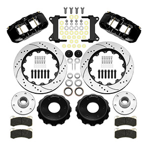 Wilwood AERO6 Big Brake Front Brake Kit (6 x 5.50 Hub) Parts Laid Out - Black Powder Coat Caliper - SRP Drilled & Slotted Rotor