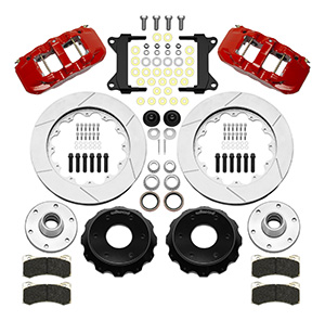 Wilwood AERO6 Big Brake Front Brake Kit (6 x 5.50 Hub) Parts Laid Out - Red Powder Coat Caliper - GT Slotted Rotor