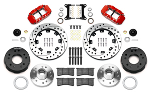 Wilwood Forged Narrow Superlite 6R Big Brake Front Brake Kit (Hub) Parts Laid Out - Red Powder Coat Caliper - SRP Drilled & Slotted Rotor