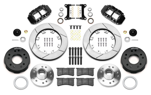 Wilwood Forged Narrow Superlite 6R Big Brake Front Brake Kit (Hub) Parts Laid Out - Black Powder Coat Caliper - GT Slotted Rotor