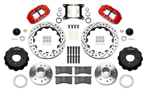 Wilwood Forged Narrow Superlite 6R Big Brake Front Brake Kit (Hub) Parts Laid Out - Red Powder Coat Caliper - SRP Drilled & Slotted Rotor