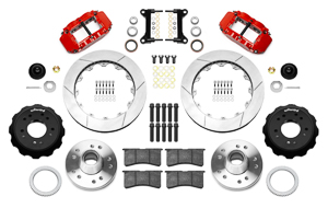 Wilwood Forged Narrow Superlite 6R Big Brake Front Brake Kit (Hub) Parts Laid Out - Red Powder Coat Caliper - GT Slotted Rotor