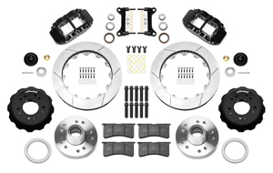 Wilwood Forged Narrow Superlite 6R Big Brake Front Brake Kit (Hub) Parts Laid Out - Black Powder Coat Caliper - GT Slotted Rotor