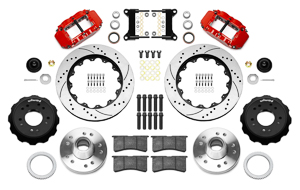 Wilwood Forged Narrow Superlite 6R Big Brake Front Brake Kit (Hub) Parts Laid Out - Red Powder Coat Caliper - SRP Drilled & Slotted Rotor