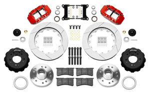 Wilwood Forged Narrow Superlite 6R Big Brake Front Brake Kit (Hub) Parts Laid Out - Red Powder Coat Caliper - GT Slotted Rotor