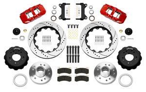Wilwood AERO6 Big Brake Front Brake Kit Parts Laid Out - Red Powder Coat Caliper - SRP Drilled & Slotted Rotor