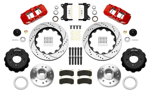 Wilwood AERO6 Big Brake Front Brake Kit Parts Laid Out - Red Powder Coat Caliper - SRP Drilled & Slotted Rotor