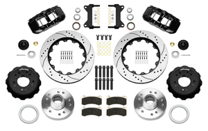 Wilwood AERO6 Big Brake Front Brake Kit Parts Laid Out - Black Powder Coat Caliper - SRP Drilled & Slotted Rotor