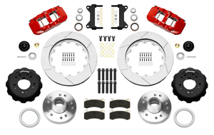 Wilwood AERO6 Big Brake Front Brake Kit Parts Laid Out - Red Powder Coat Caliper - GT Slotted Rotor