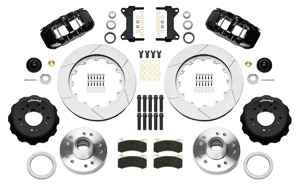 Wilwood AERO6 Big Brake Front Brake Kit Parts Laid Out - Black Powder Coat Caliper - GT Slotted Rotor