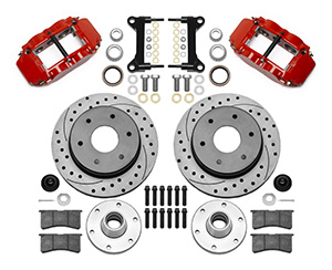 Wilwood Forged Narrow Superlite 6R Big Brake Front Brake Kit (6 x 5.50 Hub and Rotor) Parts Laid Out - Red Powder Coat Caliper - SRP Drilled & Slotted Rotor