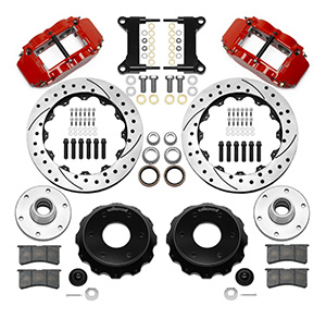 Wilwood Forged Narrow Superlite 6R Big Brake Front Brake Kit (6 x 5.50 Hub) Parts Laid Out - Red Powder Coat Caliper - SRP Drilled & Slotted Rotor