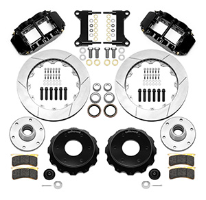 Wilwood Forged Narrow Superlite 6R Big Brake Front Brake Kit (6 x 5.50 Hub) Parts Laid Out - Black Powder Coat Caliper - GT Slotted Rotor